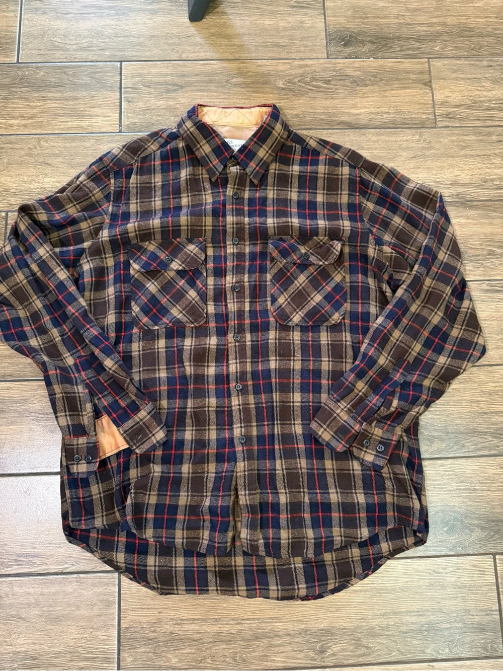 Vintage 80s Sears Roebuck Plaid Flannel Brown Tan Wool Grunge Acrylic XL